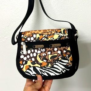 Lesportsac Black Brown White Tan Animal Print Crossbody Bag